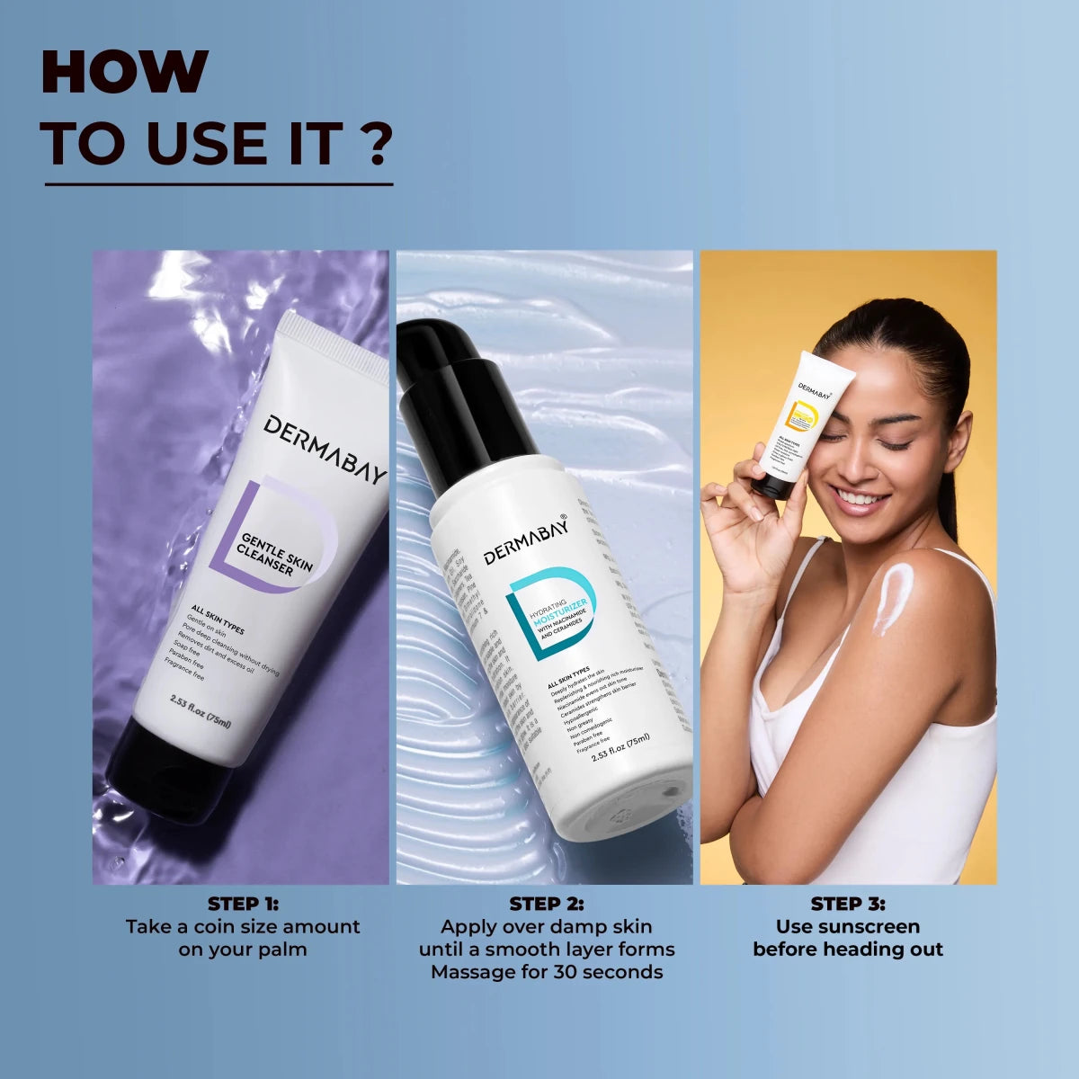 Step-by-step instructions showing how to properly apply the Dermabay hydrating moisturizer on damp skin after cleansing.